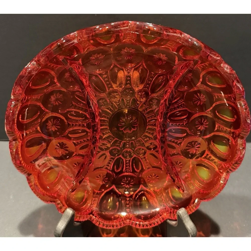 Vintage Moon and Star Amberina Glass Relish Dish 3 Part‎ Divided Server Red